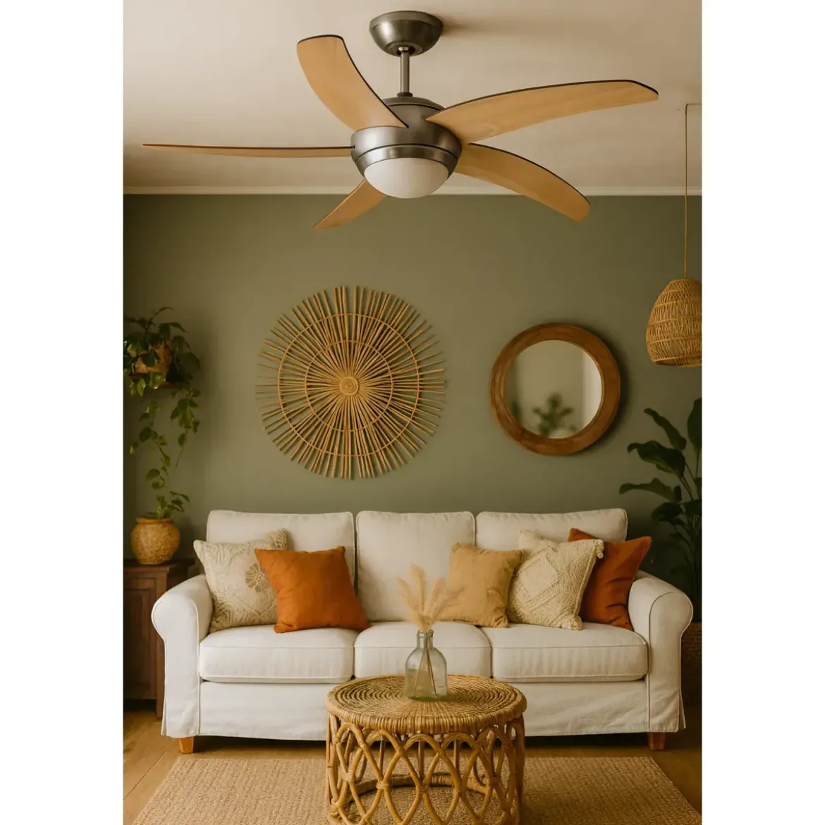 Ventilatore da Soffitto 5 Pale in Legno Ø132 cm Luce e Telecomando 60W