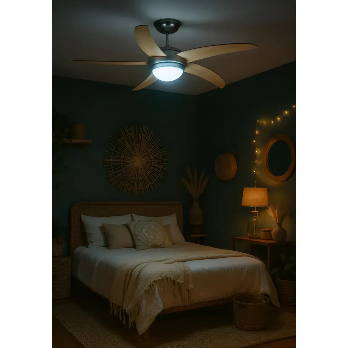 Ventilatore da Soffitto 5 Pale in Legno Ø132 cm Luce e Telecomando 60W
