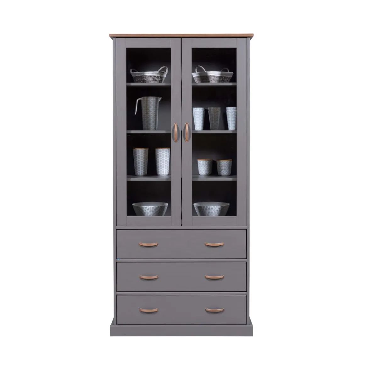 Vetrina Credenza Grigia Alta Mobile 2 Ante con Cassetti da Cucina Legno